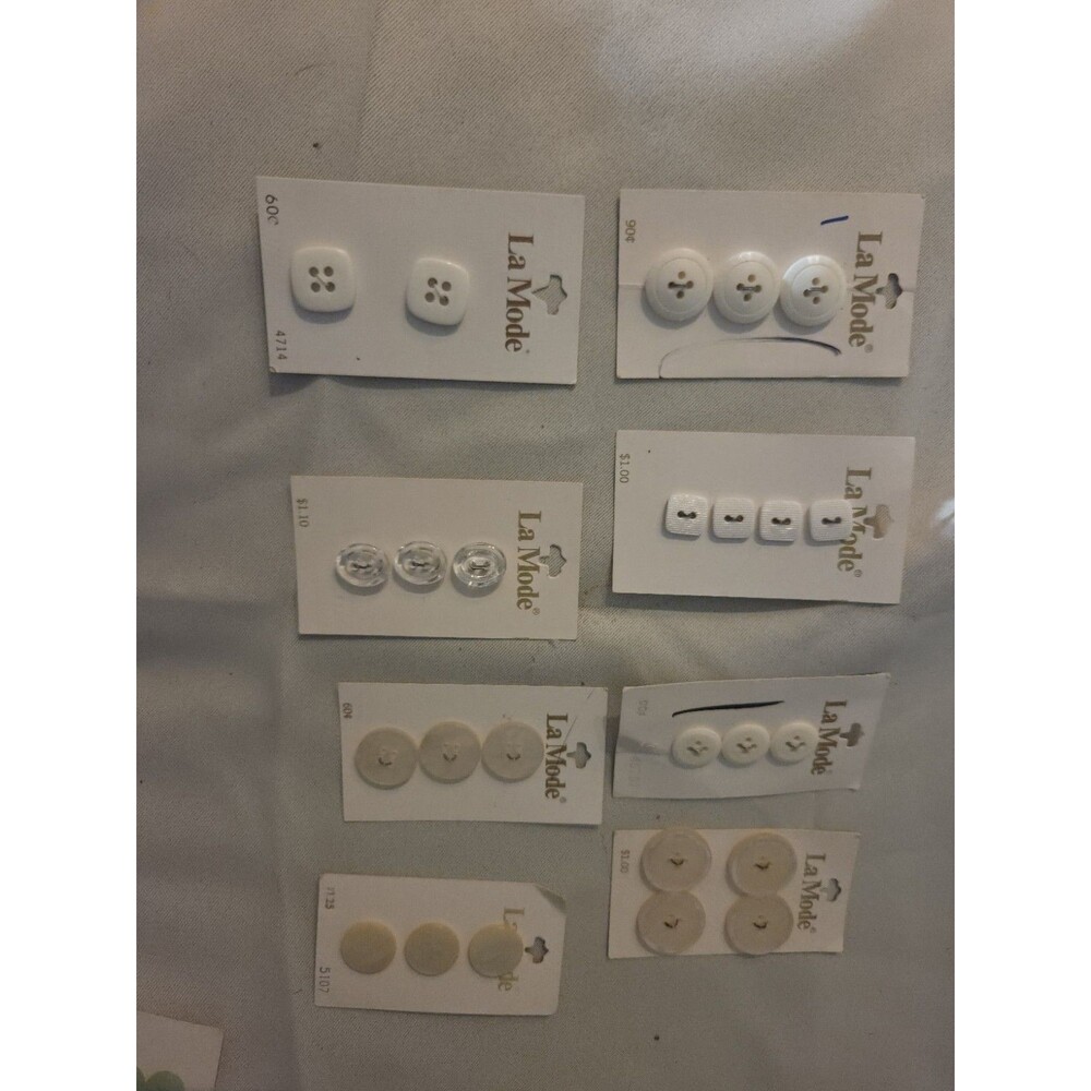 Lot of 9 Vintage La Mode White Buttons NOS Original Cards Neutral Clear Mixed